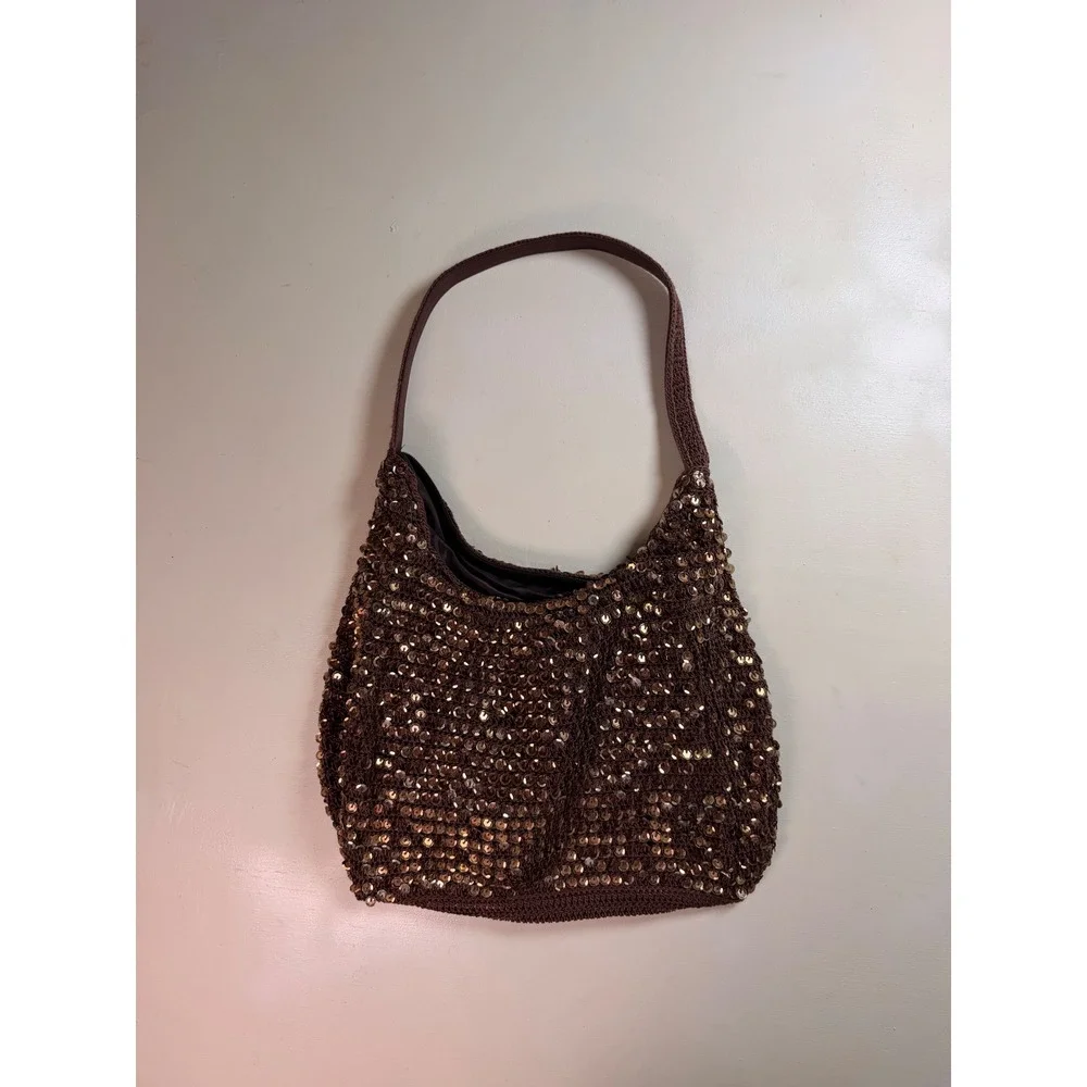 Y2K Sequin Crochet Hobo Bag Women Small Brown Sparkly Knit Zipper